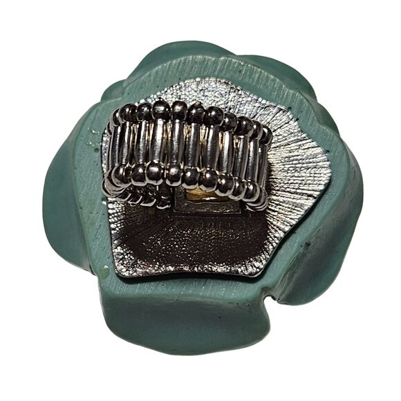 Vintage Green Ceramic Carved Rose Flower Stretch Ring Retro 60s Fashion Jewelry - Picture 2 of 4